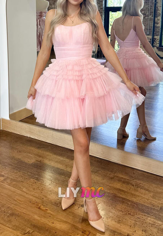 Square Spaghetti Straps Tulle Tiered A-Line Party Homecoming Dress
