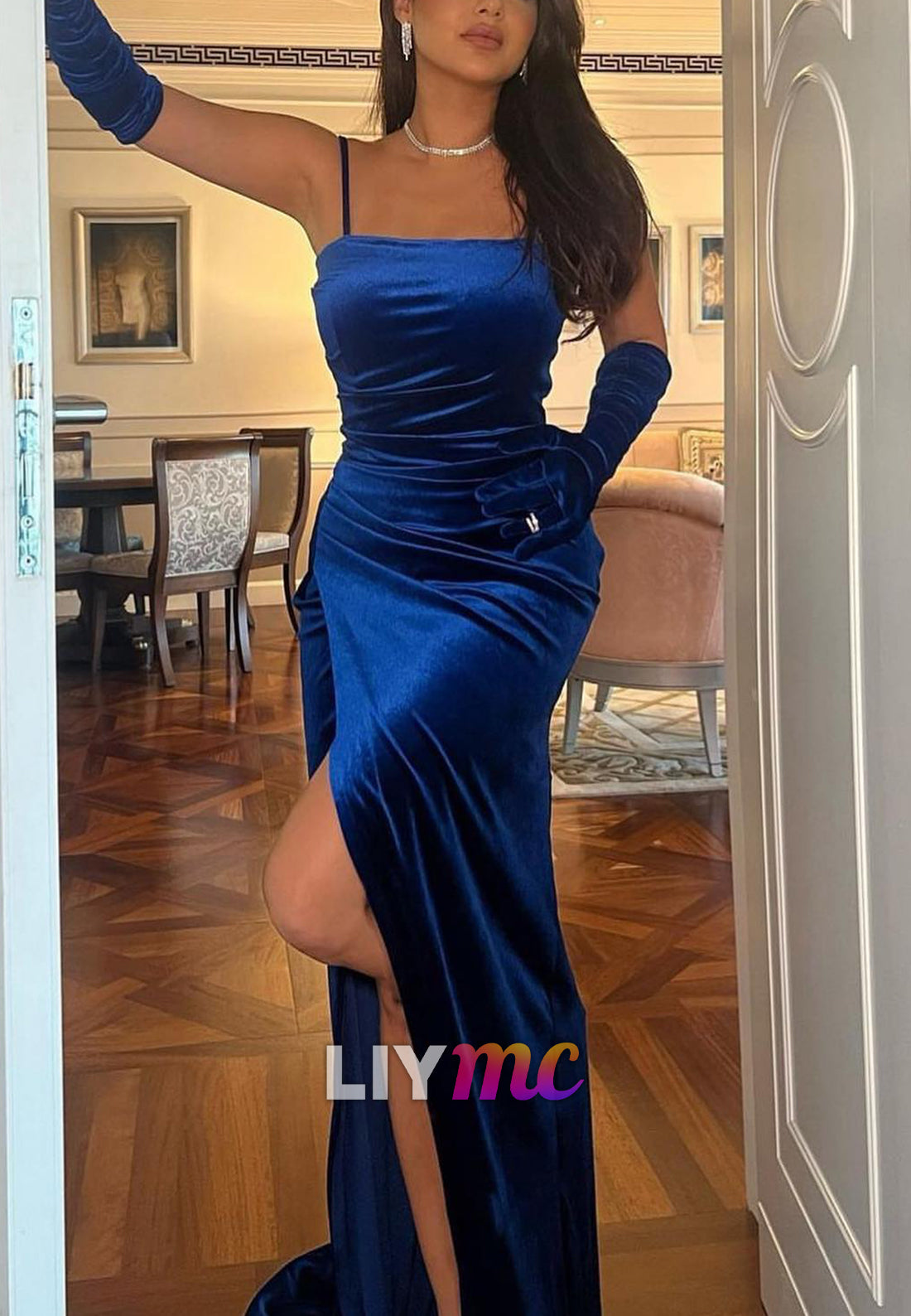 Square Spaghetti Straps Velvet Mermaid Prom Dress