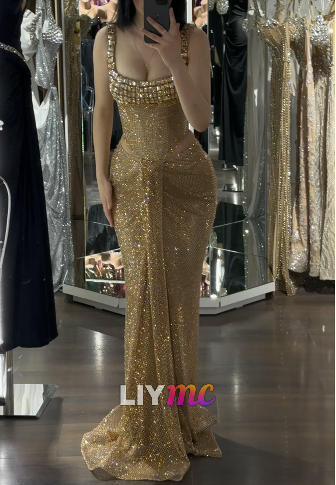 Square Strap Sparkly Crystal Mermaid Prom Dress