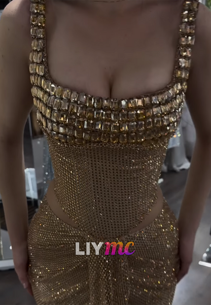 Square Strap Sparkly Crystal Mermaid Prom Dress