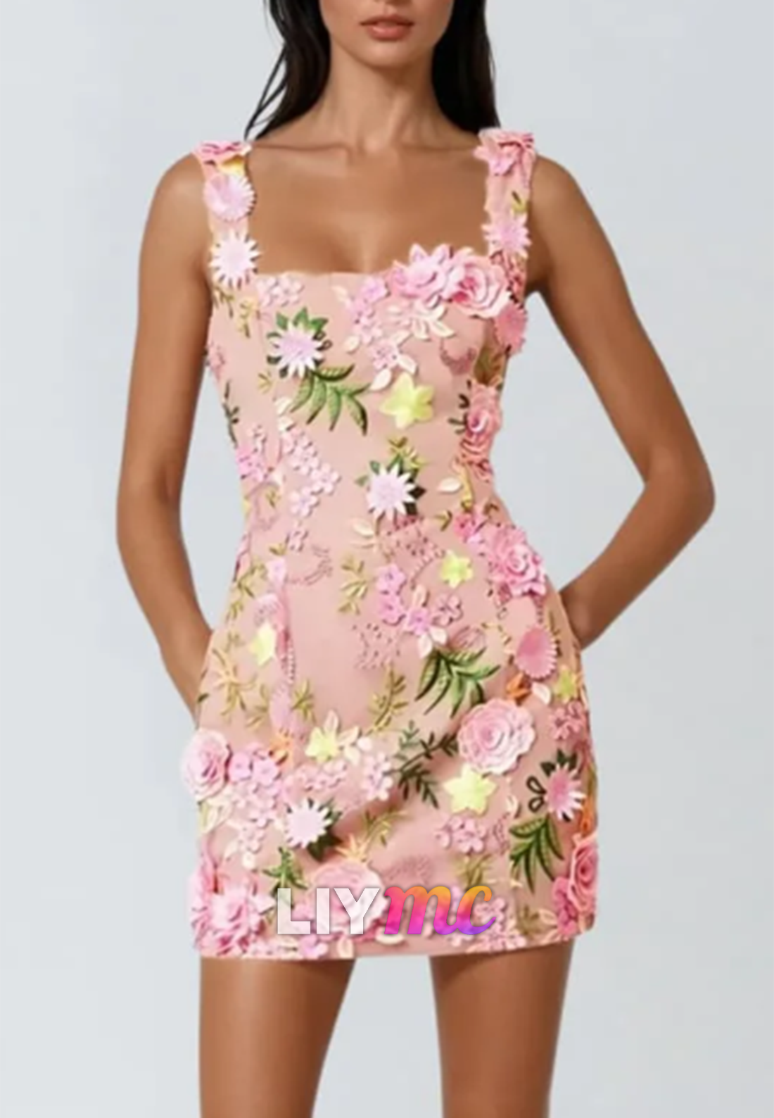 Square Straps  A-Line Floral Embellished Short Prom Dress