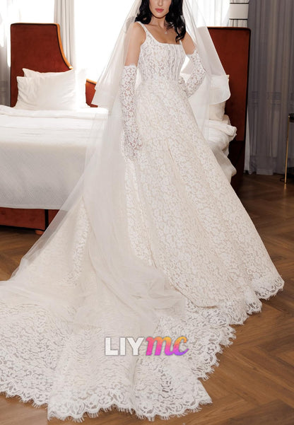 Square Straps Appliques A-Line Wedding Dress