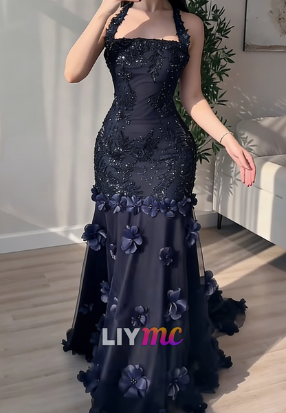 Square Straps Appliques Floral Mermaid Prom Dress