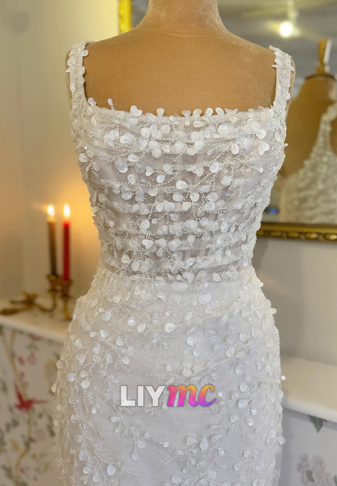 Square Straps Appliques Pleated Mermaid Wedding Dress