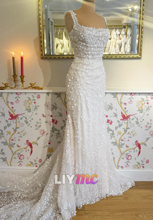 Square Straps Appliques Pleated Mermaid Wedding Dress