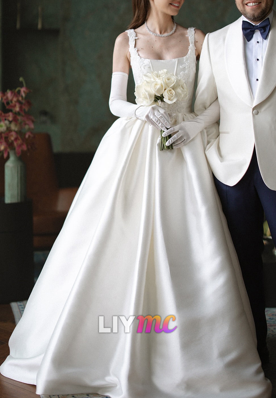 Square Straps Appliques Satin A-Line Wedding Dress