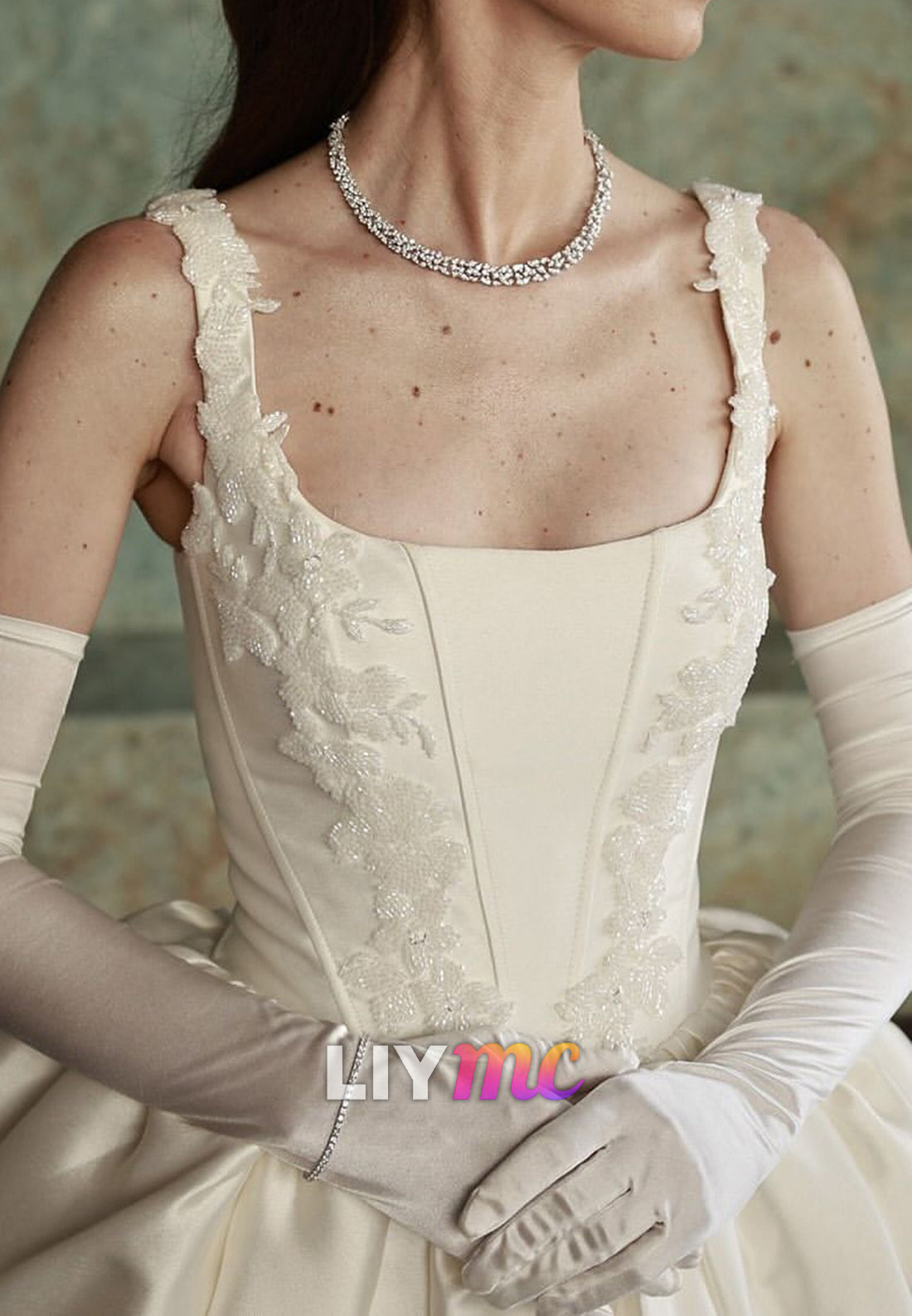 Square Straps Appliques Satin A-Line Wedding Dress