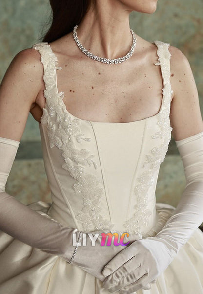 Square Straps Appliques Satin A-Line Wedding Dress