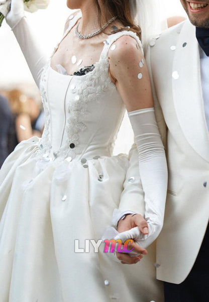 Square Straps Appliques Satin A-Line Wedding Dress