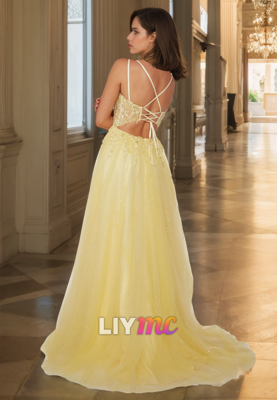 Square Straps Appliques Tulle A-Line Prom Dress