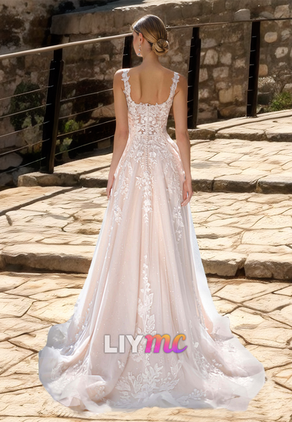 Square Straps Appliques Tulle A-Line Wedding Dress