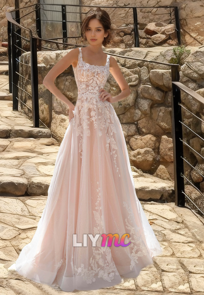 Square Straps Appliques Tulle A-Line Wedding Dress