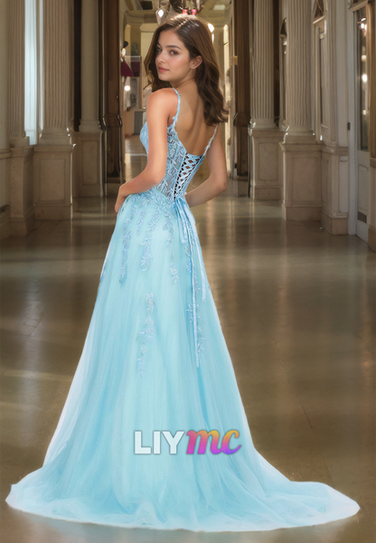 Square Straps Apppliques Tulle Lace-Up A-Line Prom Dress