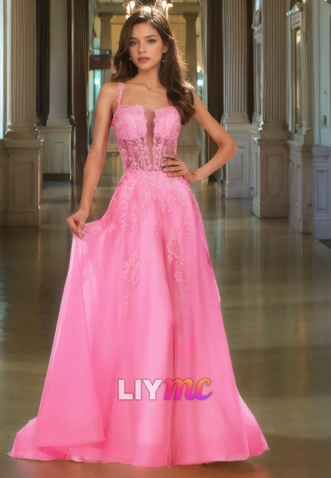 Square Straps Apppliques Tulle Lace-Up A-Line Prom Dress