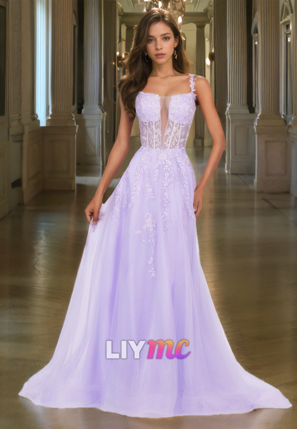 Square Straps Apppliques Tulle Lace-Up A-Line Prom Dress