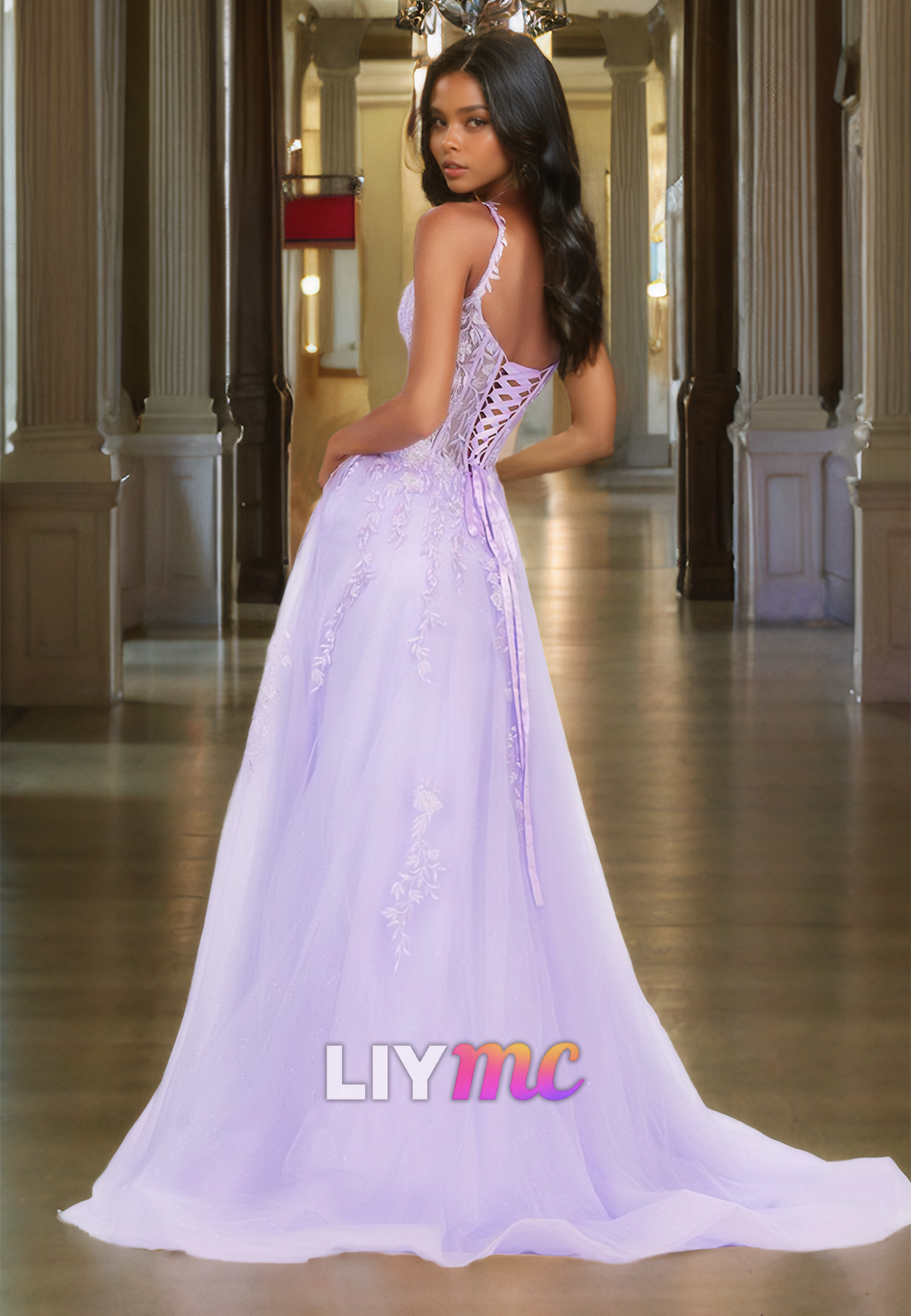 Square Straps Apppliques Tulle Lace-Up A-Line Prom Dress