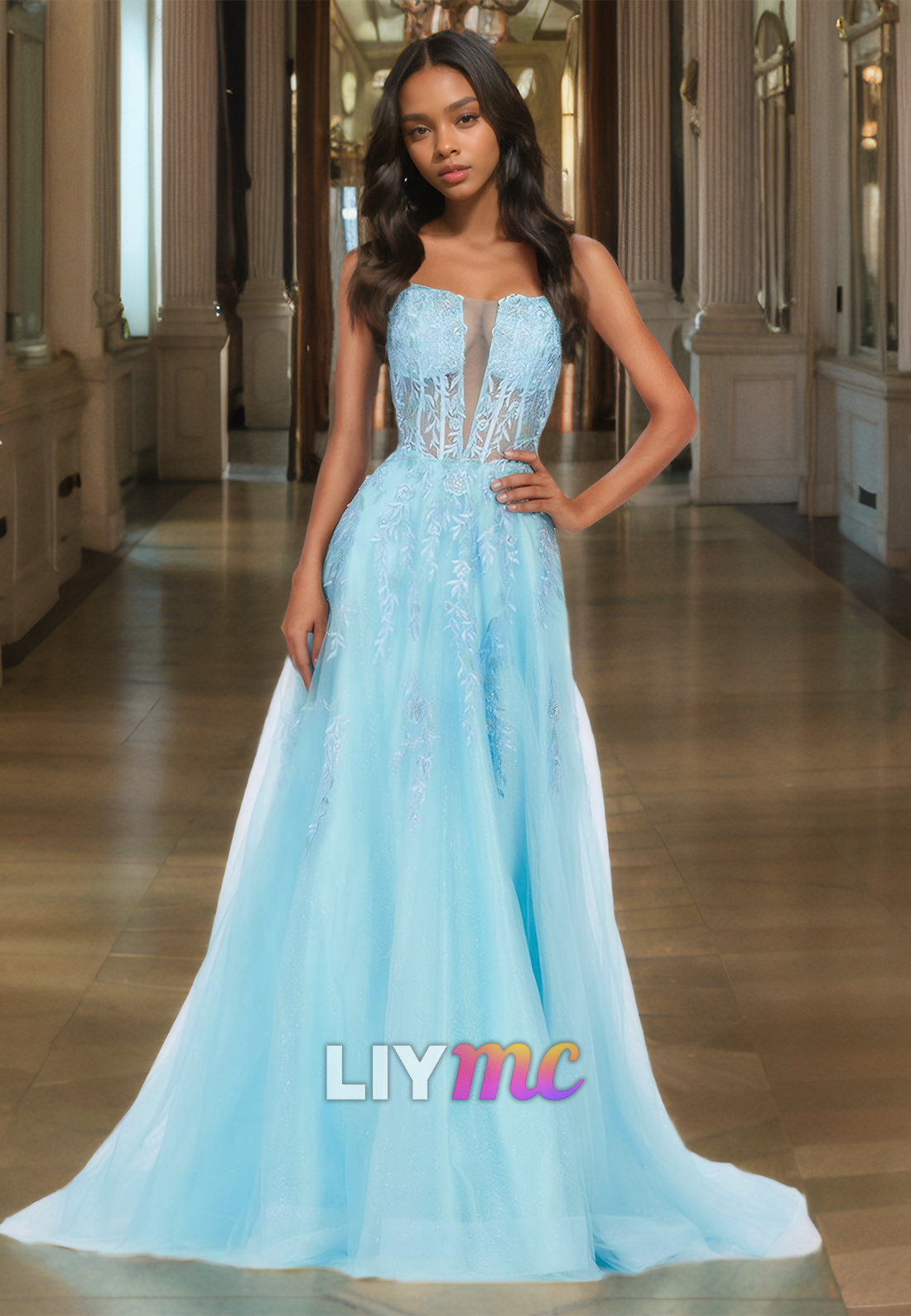 Square Straps Apppliques Tulle Lace-Up A-Line Prom Dress