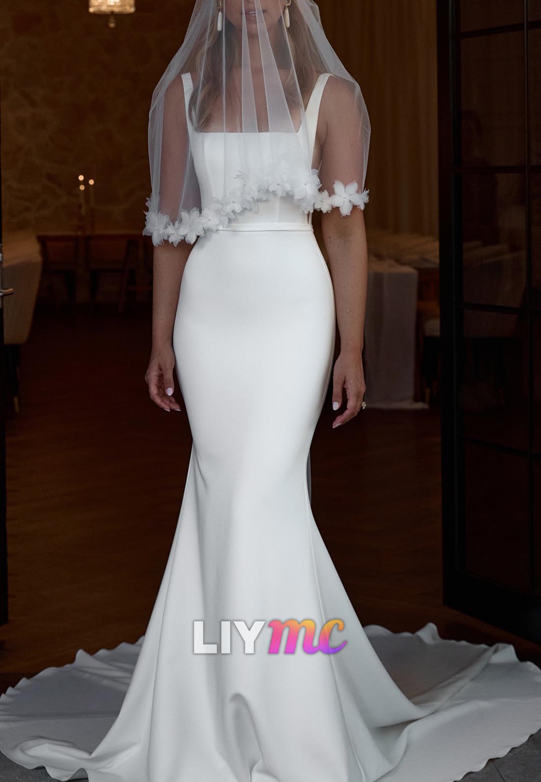 Square Straps Backless Sleek Mermaid Wedding Dress