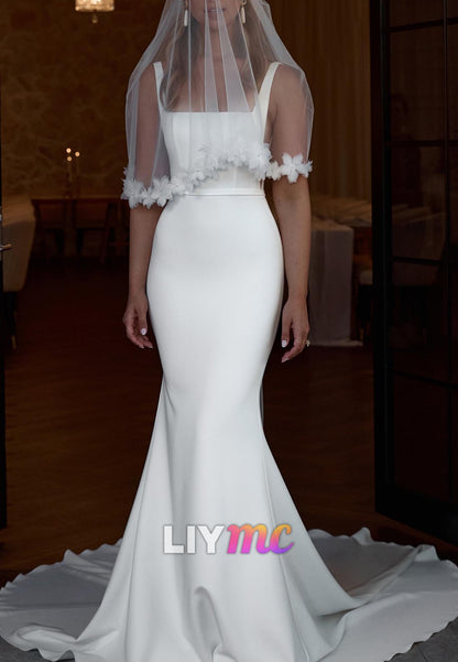 Square Straps Backless Sleek Mermaid Wedding Dress