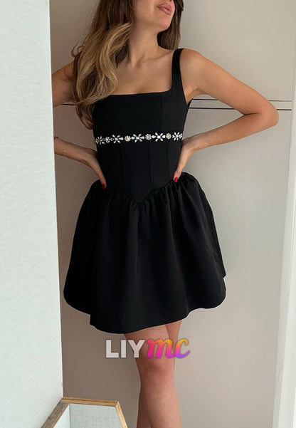 Square Straps Beaded A-Line Party Homecoming Dress