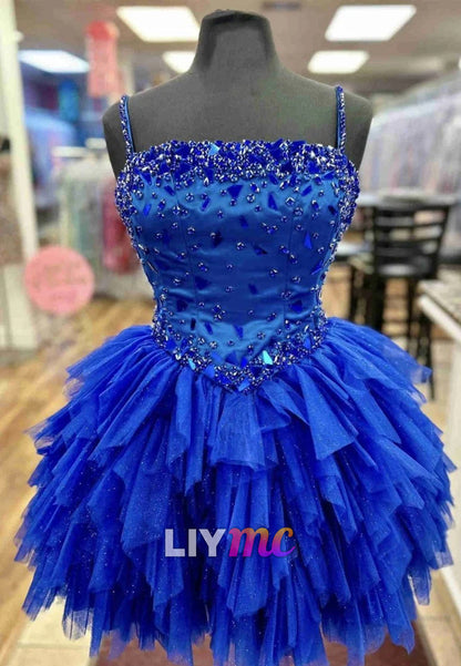 Square Straps Beaded A-Line Short Party Homecoming Dress