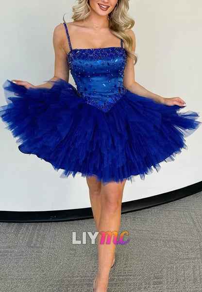 Square Straps Beaded A-Line Short Party Homecoming Dress