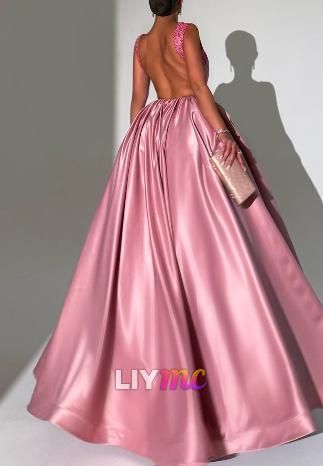 Square Straps Beaded Backless Satin A-Line Evening Dress