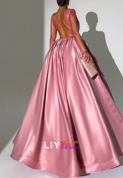 Square Straps Beaded Backless Satin A-Line Evening Dress