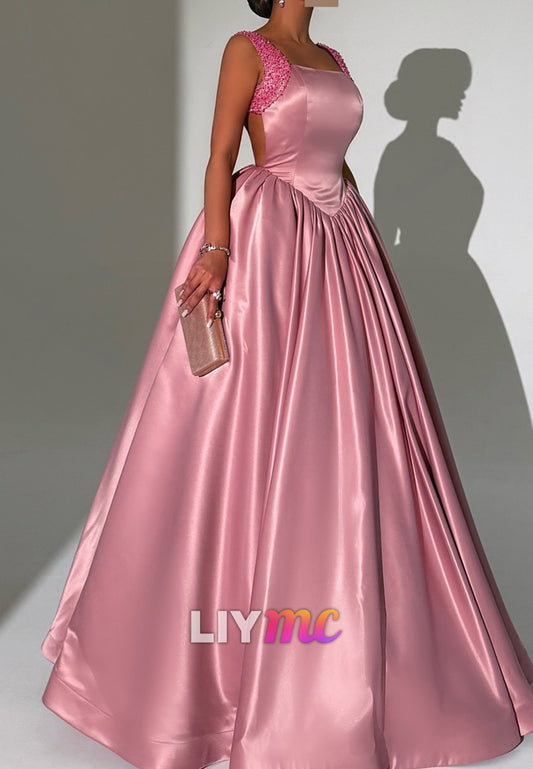 Square Straps Beaded Backless Satin A-Line Evening Dress