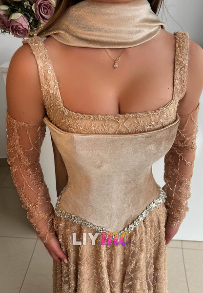 Square Straps Beaded Embroidery A-Line Prom Dress