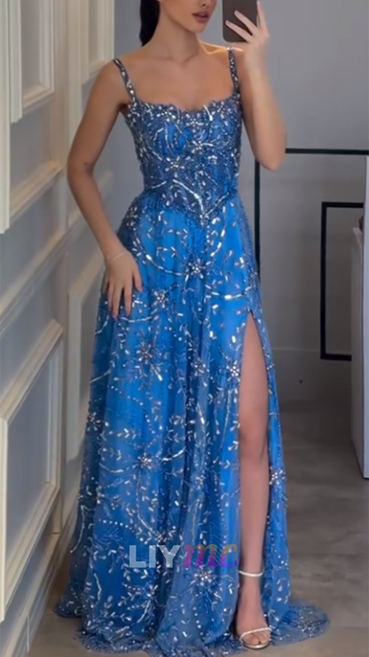 Square Straps Beaded Embroidery A-Line Prom Dress