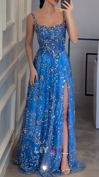 Square Straps Beaded Embroidery A-Line Prom Dress