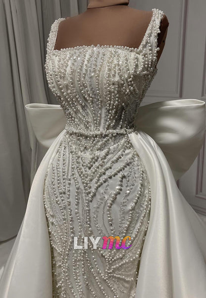 Square Straps Beaded Embroidery Bow Sheath Wedding Dress