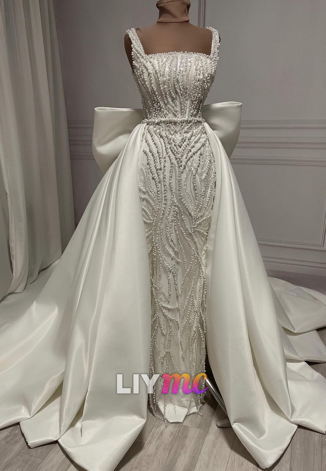 Square Straps Beaded Embroidery Bow Sheath Wedding Dress