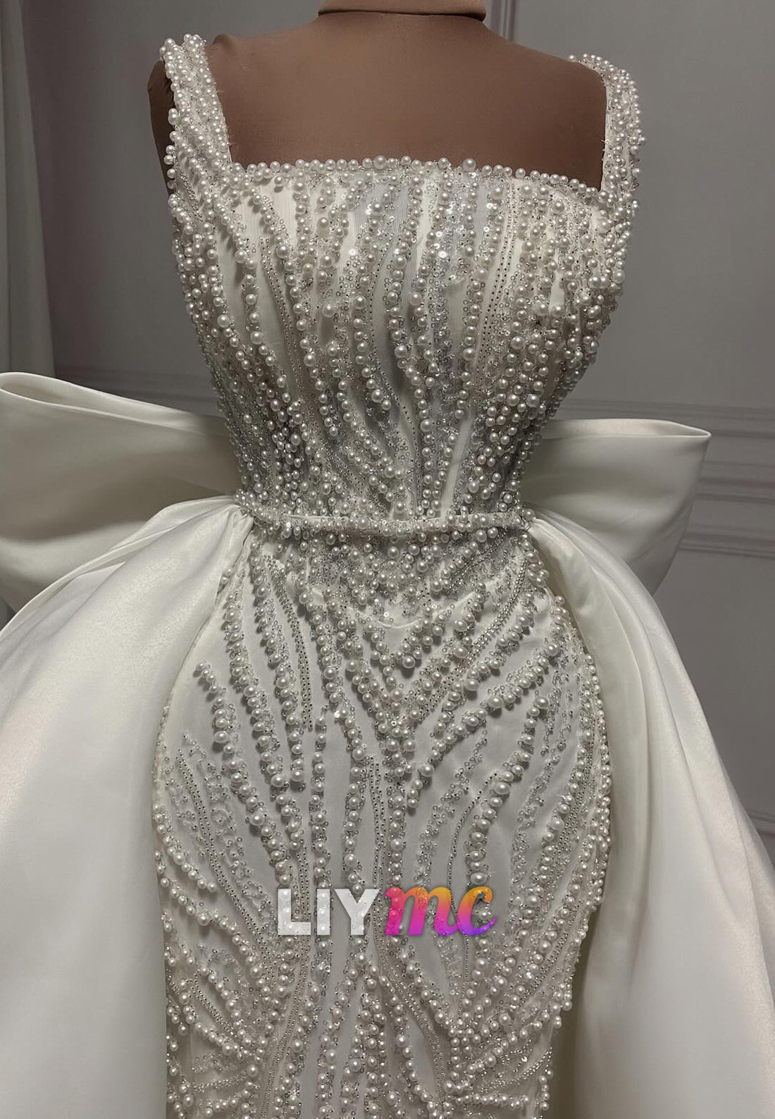 Square Straps Beaded Embroidery Bow Sheath Wedding Dress