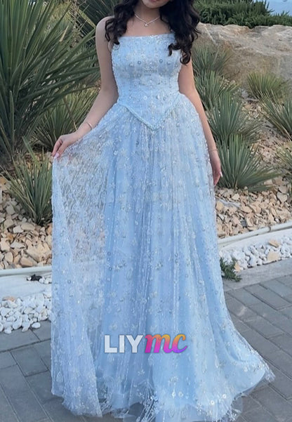 Square Straps Beaded Embroidery Sparkly A-Line Prom Dress