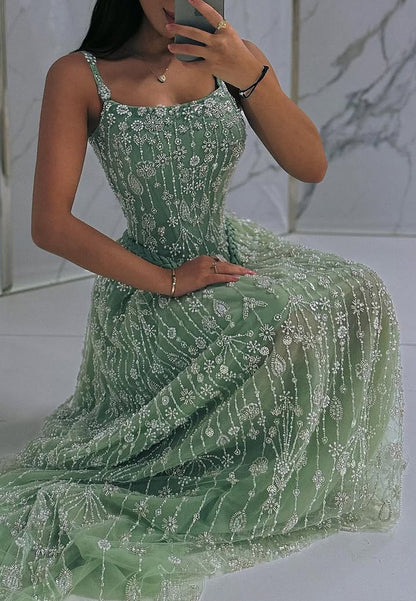 Square Straps Beaded Embroidery Sparkly A-Line Prom Dress