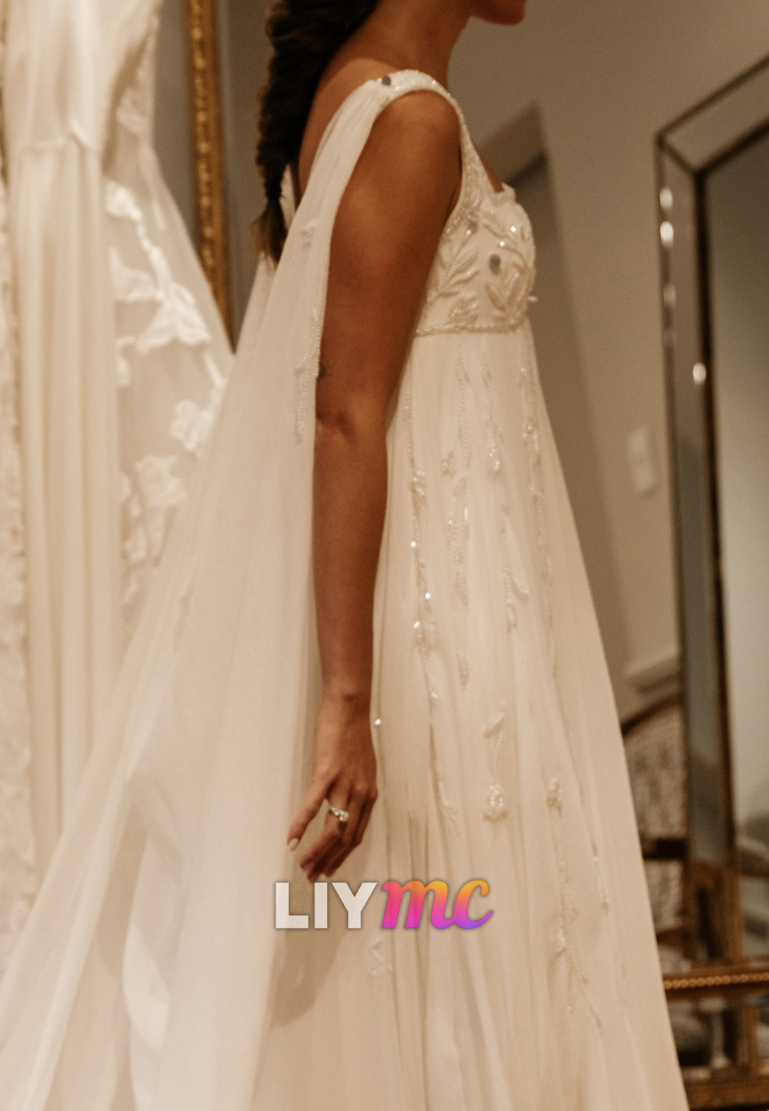 Square Straps Beaded Empire Waist A-Line Boho Wedding Dress