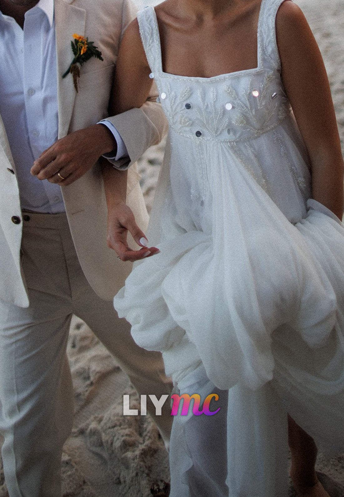 Square Straps Beaded Empire Waist A-Line Boho Wedding Dress