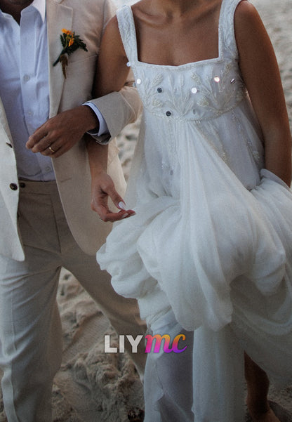 Square Straps Beaded Empire Waist A-Line Boho Wedding Dress