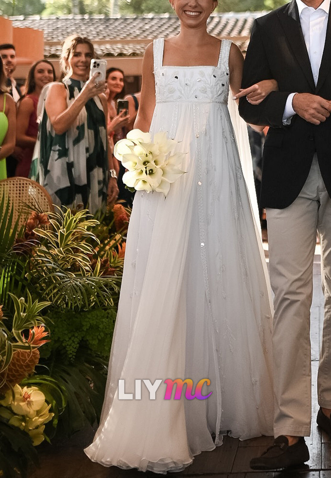 Square Straps Beaded Empire Waist A-Line Boho Wedding Dress