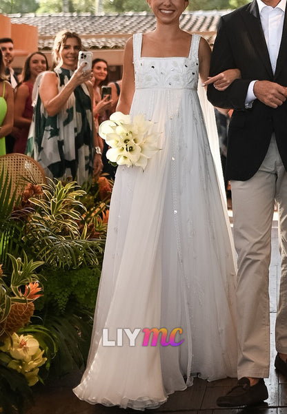 Square Straps Beaded Empire Waist A-Line Boho Wedding Dress