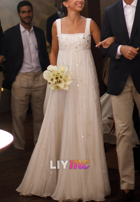 Square Straps Beaded Empire Waist A-Line Boho Wedding Dress