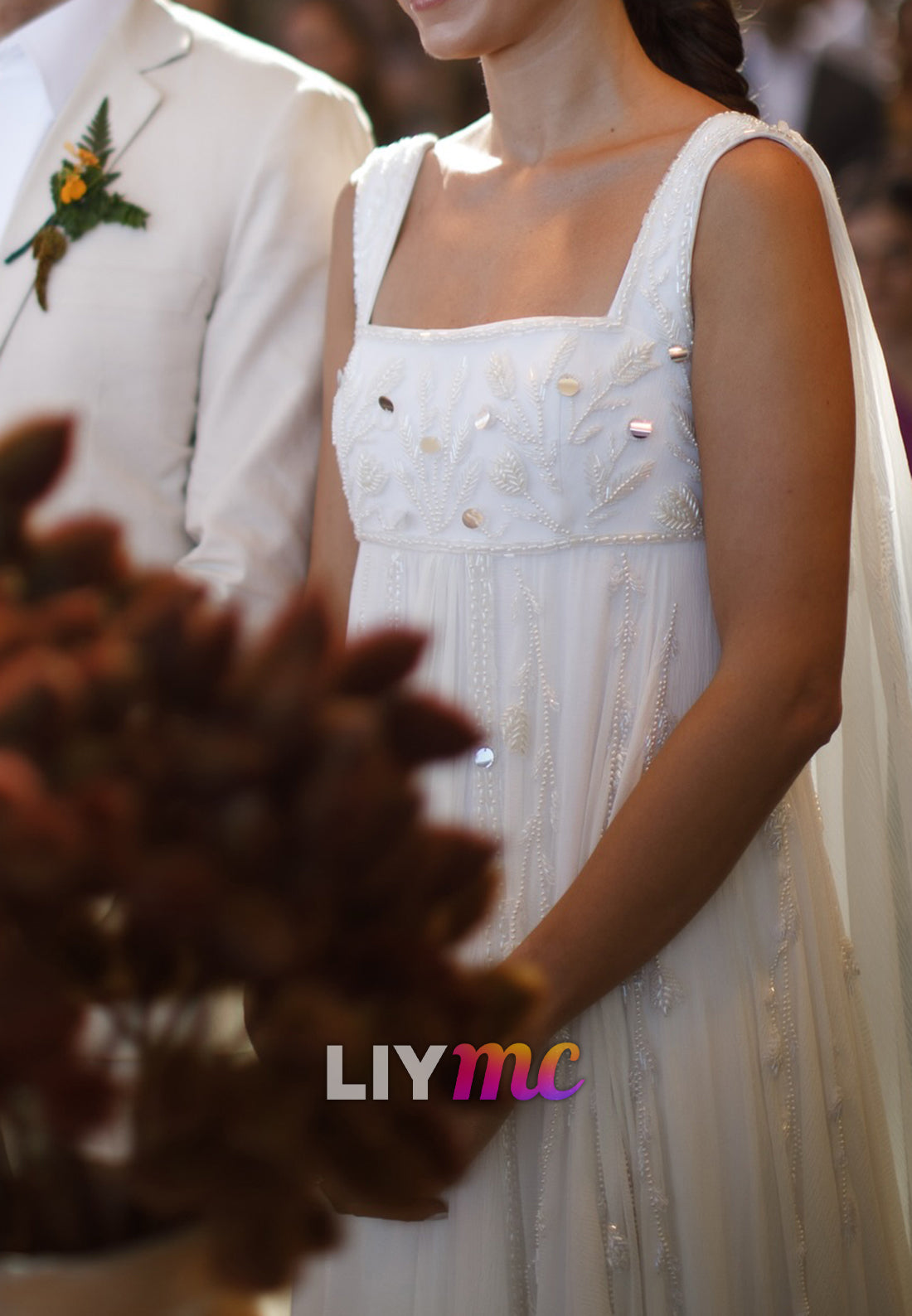 Square Straps Beaded Empire Waist A-Line Boho Wedding Dress