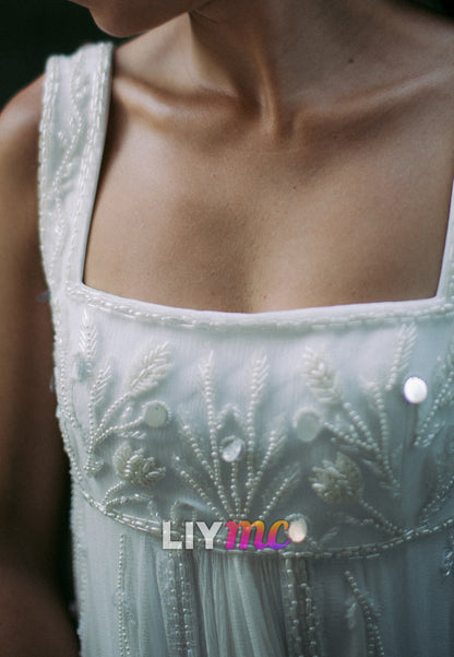 Square Straps Beaded Empire Waist A-Line Boho Wedding Dress