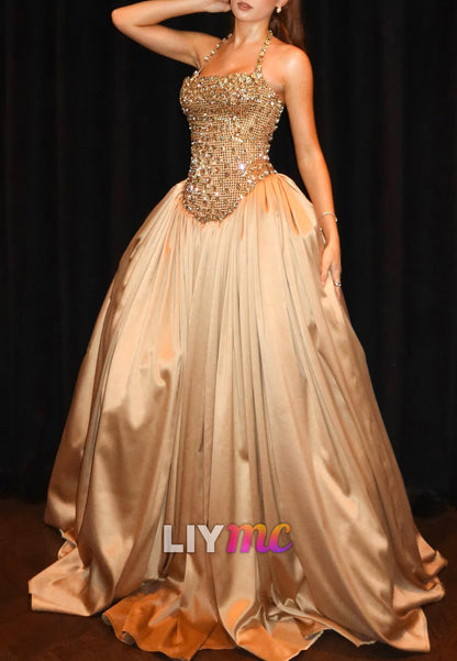 Square Straps Beaded Pleated A-Line Satin Prom Dress