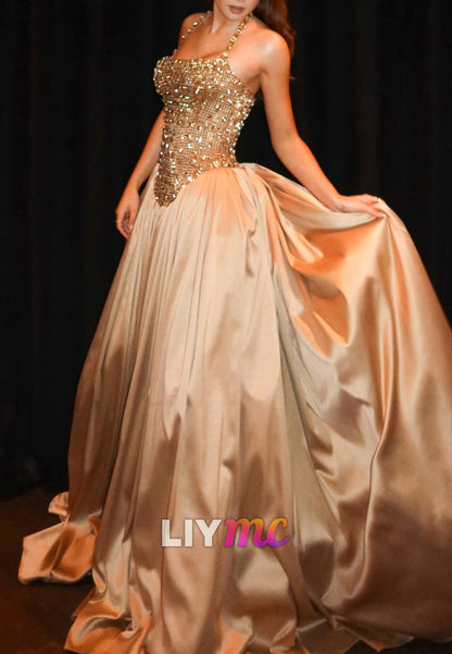 Square Straps Beaded Pleated A-Line Satin Prom Dress