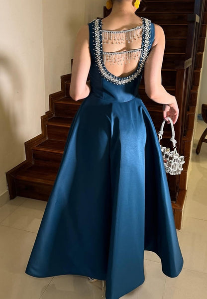 Square Straps Beaded Pleated Satin A-Line Formal Dresss
