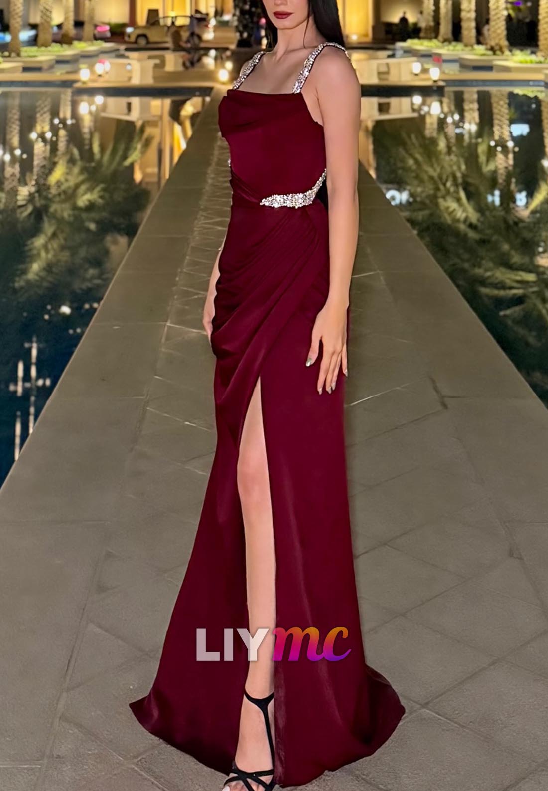 Square Straps Beaded Ruched Sheath Evening Dress