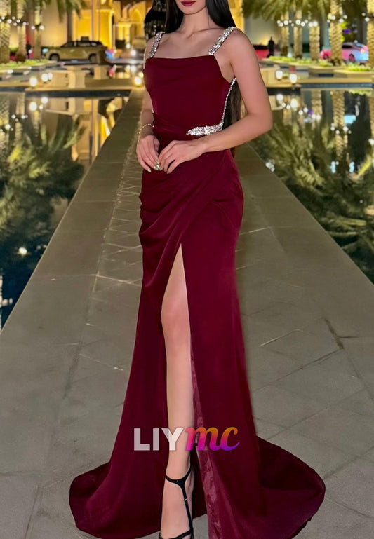 Square Straps Beaded Ruched Sheath Evening Dress